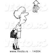 Vector of a Cartoon Businesswoman Looking at an up Arrow - Coloring Page Outline by Toonaday