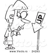 Vector of a Cartoon Businesswoman Looking at an up Sign Pointing down - Outlined Coloring Page by Toonaday