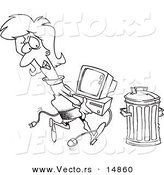 Vector of a Cartoon Businesswoman Throwing Away a Broken Computer - Coloring Page Outline by Toonaday