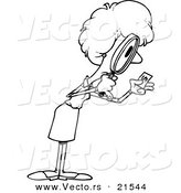 Vector of a Cartoon Businesswoman Viewing Money Through a Magnifying Glass - Outlined Coloring Page by Toonaday