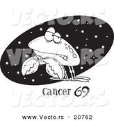 Vector of a Cartoon Cancer Crab over a Starry Black Oval - Coloring Page Outline by Toonaday
