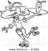 Vector of a Cartoon Car Hop Waitress on Skates - Outlined Coloring Page by Toonaday