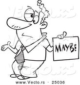 Vector of a Cartoon Careless Man Shrugging and Holding a Maybe Sign - Outlined Coloring Page by Toonaday