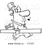 Vector of a Cartoon Carpenter Whistling and Carrying a Board - Coloring Page Outline by Toonaday