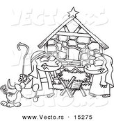 Vector of a Cartoon Cartoon Black and White Outline Design of Children Acting out a Nativity Scene - Coloring Page Outline by Toonaday