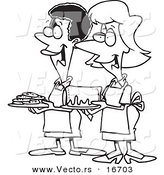 Vector of a Cartoon Cartoon Black and White Outline Design of Friendly Ladies at a Bake Sale - Outlined Coloring Page Drawing by Toonaday