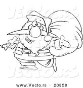 Vector of a Cartoon Cartoon Black and White Outline Design of Santa Happily Carrying a Sack - Coloring Page Outline by Toonaday