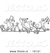 Vector of a Cartoon Cartoon Black and White Outline Design of Three Christmas Elves Making Toys - Outlined Coloring Page Drawing by Toonaday