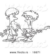 Vector of a Cartoon Cartoon Black and White Outline Design of Two Boys Singing and Playing a Guitar in a Band - Outlined Coloring Page Drawing by Toonaday