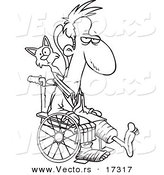 Vector of a Cartoon Cat Behind a Man with Broken Limbs in a Wheelchair - Coloring Page Outline by Toonaday
