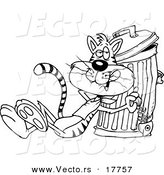Vector of a Cartoon Cat Eating a Luxurious Fish Bone from the Garbage - Outlined Coloring Page by Toonaday