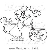 Vector of a Cartoon Cat Seasoning a Goldfish with Ketchup - Outlined Coloring Page Drawing by Toonaday
