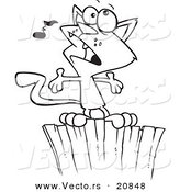 Vector of a Cartoon Cat Singing on a Fence - Coloring Page Outline by Toonaday
