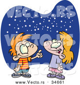Vector of a Cartoon Caucasian Boy and Girl Gazing at the Stars by Toonaday