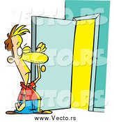 Vector of a Cartoon Caucasian Man Standing at an Open Door with Bright Light by Toonaday