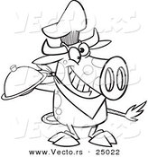 Vector of a Cartoon Chef Cow Holding a Cloche Platter - Outlined Coloring Page by Toonaday