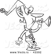 Vector of a Cartoon Christmas Elf Blowing in to a Horn - Coloring Page Outline by Toonaday