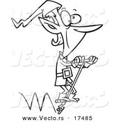 Vector of a Cartoon Christmas Elf Hopping on a Pogo Stick - Coloring Page Outline by Toonaday