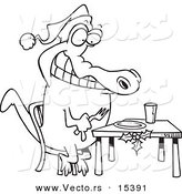 Vector of a Cartoon Christmas Gator Anticipating Dinner - Coloring Page Outline by Toonaday