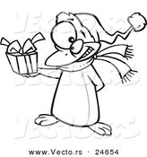 Vector of a Cartoon Christmas Penguin Giving a Present - Outlined Coloring Page by Toonaday