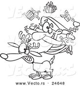 Vector of a Cartoon Christmas Santa Juggling Gifts on a Reindeer - Outlined Coloring Page by Toonaday