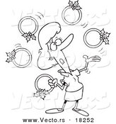 Vector of a Cartoon Christmas Woman Juggling Five Golden Rings - Outlined Coloring Page by Toonaday