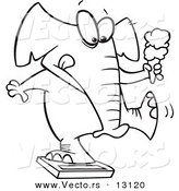 Vector of a Cartoon Chubby Elephant Holding an Ice Cream Cone and Standing on a Scale - Coloring Page Outline by Toonaday