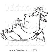 Vector of a Cartoon Chubby Girl Reading a Romance Novel and Sun Bathing in a Beach Chair - Outlined Coloring Page Drawing by Toonaday