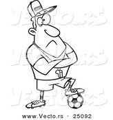 Vector of a Cartoon Coach Man Resting a Foot on a Soccer Ball - Outlined Coloring Page by Toonaday