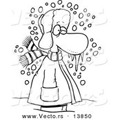 Vector of a Cartoon Cold Winter Man Standing in the Snow with Frozen Snot - Coloring Page Outline by Toonaday
