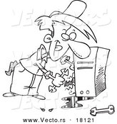 Vector of a Cartoon Computer Repair Man Working on Wires - Outlined Coloring Page by Toonaday
