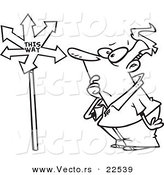 Vector of a Cartoon Confused Man Viewing an Arrow Sign - Coloring Page Outline by Toonaday