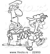 Vector of a Cartoon Cop Watching a Boy Throw Toilet Paper - Coloring Page Outline by Toonaday