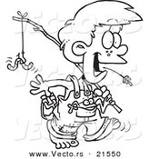 Vector of a Cartoon Country Boy Carrying a Fishing Pole - Outlined Coloring Page by Toonaday