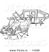 Vector of a Cartoon Couple Relaxing at a Campsite near Their Tent Trailer - Coloring Page Outline by Toonaday