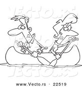 Vector of a Cartoon Couple Rowing a Canoe in Opposite Directions - Coloring Page Outline by Toonaday