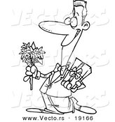 Vector of a Cartoon Courting Man Holding Flowers and a Gift - Outlined Coloring Page by Toonaday