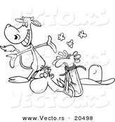 Vector of a Cartoon Cow Presenting a Roped up Cowboy - Coloring Page Outline by Toonaday