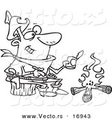 Vector of a Cartoon Cowboy Baking Beans over a Camp Fire - Coloring Page Outline by Toonaday