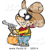 Vector of a Cartoon Cowboy Trick-Or-Treater Pointing a Gun While Grinning on Halloween by Toonaday