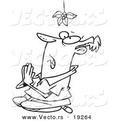 Vector of a Cartoon Desperate Man Praying Under Mistletoe - Outlined Coloring Page by Toonaday