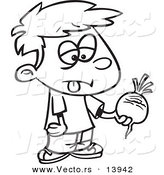 Vector of a Cartoon Disgusted Boy Holding a Turnip - Coloring Page Outline by Toonaday