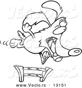 Vector of a Cartoon Dog Catching a Ball and Leaping a Hurdle in an Agility Course - Coloring Page Outline by Toonaday