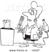Vector of a Cartoon Dog Groomer Holding a Comb and Blow Dryer - Outlined Coloring Page Drawing by Toonaday