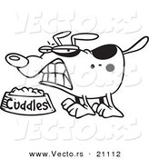 Vector of a Cartoon Dog Growing over His Food Bowl - Coloring Page Outline by Toonaday