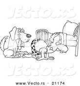 Vector of a Cartoon Dog Holding a Sock While His Master Searches - Coloring Page Outline by Toonaday