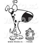 Vector of a Cartoon Dog Looking at a Small Fire Hydrant - Coloring Page Outline by Toonaday