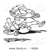 Vector of a Cartoon Dog Running with a Boy - Coloring Page Outline by Toonaday