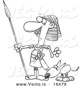 Vector of a Cartoon Dog Sniffing an Egyptian Guard's Foot, - Outlined Coloring Page Drawing by Toonaday