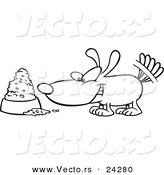 Vector of a Cartoon Dog Wagging His Tail by a Food Bowl - Outlined Coloring Page by Toonaday